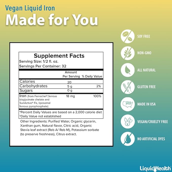 LIQUIDHEALTH Vegan Liquid Iron Supplement with SunActive & Ferrochel Fe - Natural Energy, Immune System & Metabolic Support, Increase Mental Clarity, Prenatal/Postnatal - USA Made, Non-GMO (2 Pack)