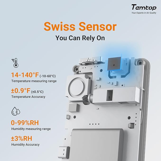 Temtop M10+ Air Quality Monitor T1 Themometer Combo, 6-in-1 CO2, PM2.5, VOC Detection with Humdity Meter