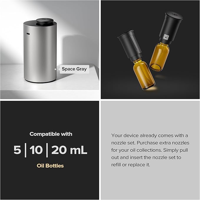 Waterless Essential Oil Diffuser for Home Aromatherapy Scent Diffusers with 1/3/6h Timer Settings or Timer-Off, 3 Mist Levels for Car Room Studio Office, ANX Premium Metal Black 2 Pack