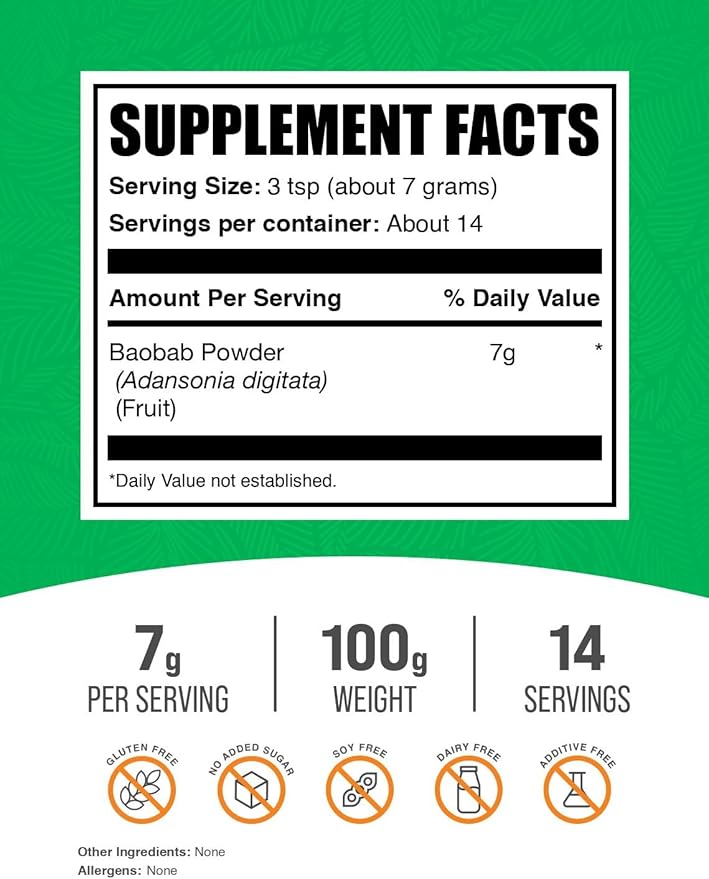 BulkSupplements.com Baobab Fruit Powder - Baobab Supplement, Antioxidant Supplement - Gluten Free, 7g per Serving, 100g (3.5 oz) (Pack of 1)