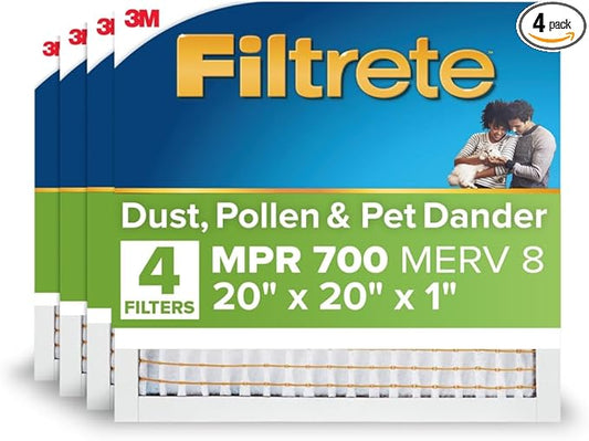 Filtrete 20x20x1 AC Furnace Air Filter, MERV 8, MPR 700, Tough on Pollen, Easy on Airflow, 3-Month Pleated 1-Inch Electrostatic Air Cleaning Filter, 4-Pack (Actual Size 19.880 x 19.880 x 0.78 in)