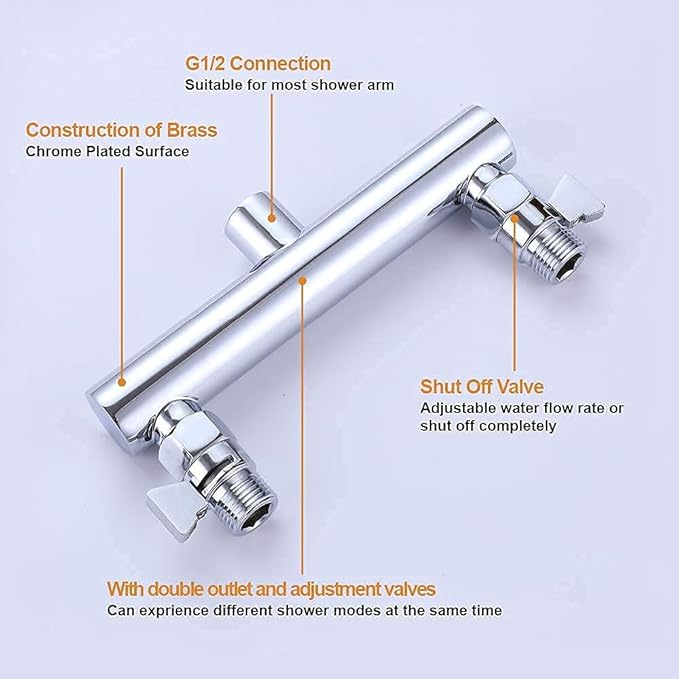 AZOS Double Shower Head with Shut-Off Valve, Bathathroom High Pressure Dual Fixed Rain Shower Head Combo with Brass Dual Outlet Manifold, Adjustable 5 Function Showerhead Chrome