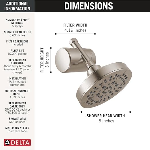 Delta Faucet 5-Setting Shower Head Brushed Nickel with Clarifi Standard Shower Filter Attachment with Filter