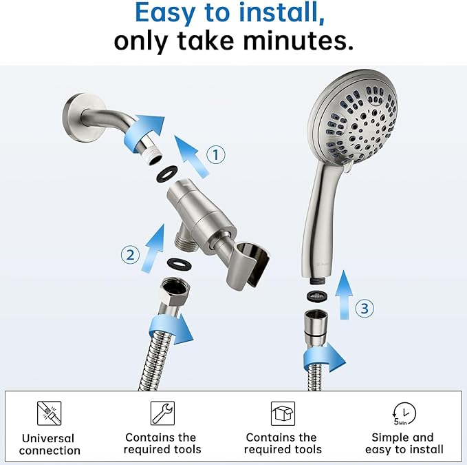 G-Promise High Pressure Shower Head 6 Spray Setting with Adjustable Solid Brass Shower Arm Mount and Extra Long Flexible Stainless Steel Hose (Brushed Nickel)