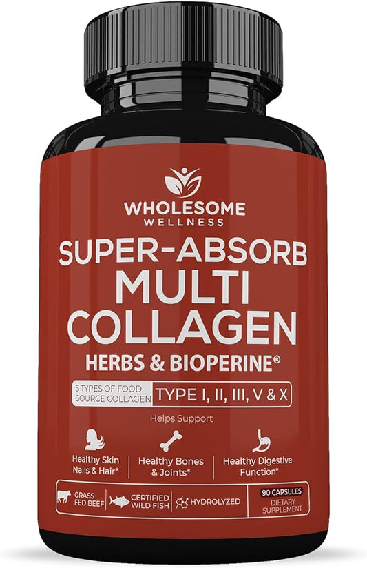 Wholesome Wellness Super-Absorb Multi Collagen Pills (Type I II III V X) Organic Herbs & Bioperine - Hair, Skin, Nails, Joints - Hydrolyzed Peptides Protein Supplement for Women & Men (90 Capsules)