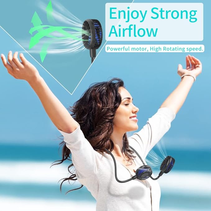 HandFan 10000mAh Neck Fan, 360° Rotation Hands Free Portable Fans for your Neck, 48h Lasting Rechargeable Battery Operated Wearable Necklace Personal Cool Fans for Travel/Disney/Sports/Cycling/Hiking