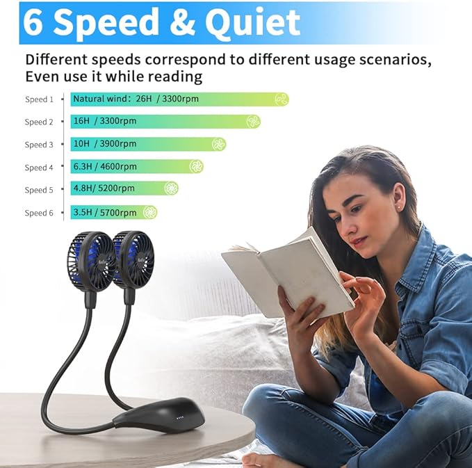 HandFan 5000mAh Portable Neck Fan, Necklace Fan Battery Operated Max 26hrs working, Wearable Fan Rechargeable 6 Speeds, Hands-Free Fan 360° Adjustable for Outdoor Activities Travel Office Home (Black)
