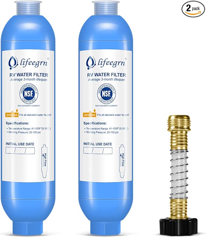 lifeegrn RV Water Filter with Hose Protector, Inline Water Filter, Reduces Bad Taste, Odors, Chlorine and Sediment in Drinking Water, Blue(2 Packs)