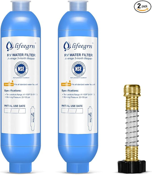 lifeegrn RV Water Filter with Hose Protector, Inline Water Filter, Reduces Bad Taste, Odors, Chlorine and Sediment in Drinking Water, Blue(2 Packs)