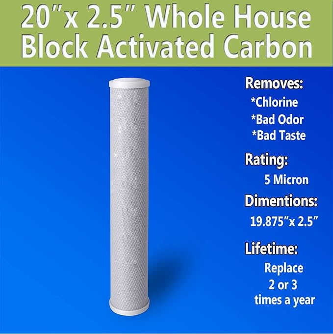 Standard Whole House Coconut Shell Carbon Block 5 Micron Water Filter 20” x 2.5” Fits 20” x 2.5” Housings. Remove Chlorine and Bad Odor. Compatible with C1-20, HX-CB-25-2010, F3WCB32 Pack of 2