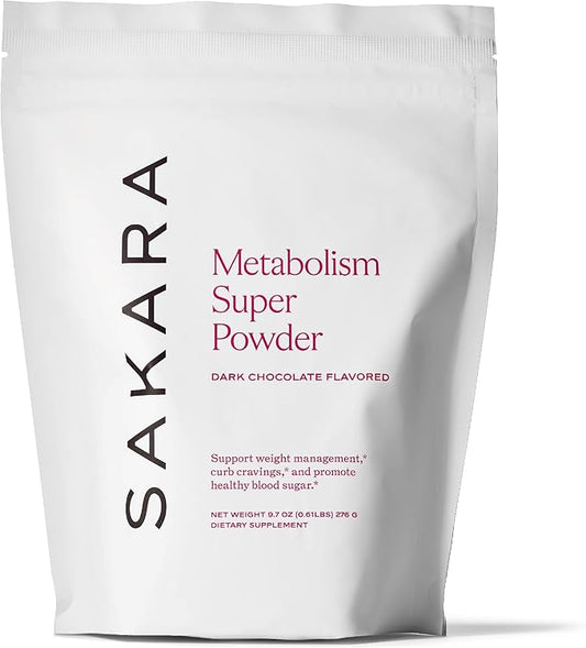 SAKARA Metabolism Super Powder - Natural Metabolism Booster for Gut Health, Bloating, Digestive Enzymes Supplements for Women, Appetite Control - Vegan, Non-GMO, Dark Chocolate Flavor - 24 Servings