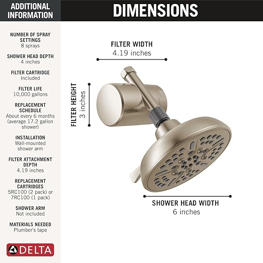 Delta Faucet 8-Setting Shower Head Satin Nickel with Clarifi Standard Shower Filter Attachment with Filter