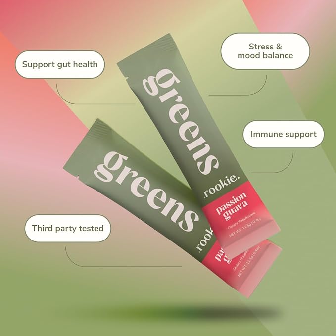 Rookie Wellness Greens + Superfoods - Greens Superfoods Powder Drink Made with Whole Food Sourced Ingredients Contains Vitamins, Probiotics, Antioxidants, and Baobab Fiber (14 Servings, Passion Guava)