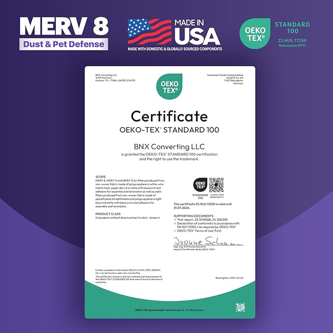 BNX TruFilter 20x20x2 Air Filter MERV 8 (4-Pack) - MADE IN USA – Dust & Pet Defense Electrostatic Pleated Air Conditioner HVAC AC Furnace Filters for Dust, Pet, Mold, Pollen MPR 600 – 700 & FPR 5