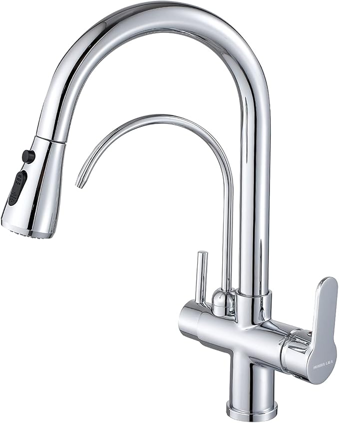 Kitchen Faucet with Pull Down Sprayer Modern 2 Handle Kitchen Faucets Drinking Water Faucet Reverse Osmosis Faucet for Kitchen Sink 3 in 1 High Arc Water Purifier Faucets Lead-Free Brass,Chrome