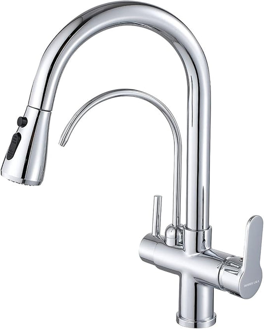 Kitchen Faucet with Pull Down Sprayer Modern 2 Handle Kitchen Faucets Drinking Water Faucet Reverse Osmosis Faucet for Kitchen Sink 3 in 1 High Arc Water Purifier Faucets Lead-Free Brass,Chrome