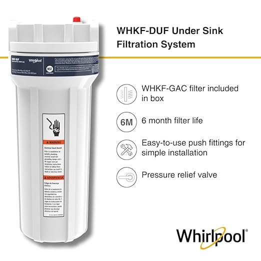 Whirlpool Under Sink Water Filtration System WHKF-DUF | Push-in Quick Connect, 1 Carbon Filter & Installation Kit Included | Reduces Chlorine Taste & Odor, Sediment