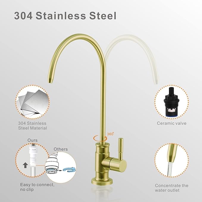 Drinking Water Faucet Brushed Gold, Wellup Reverse Osmosis Faucet for Non Air Gap RO Water Filtration System, Leadless Stainless Steel Kitchen Water Filter RO Faucets for Kitchen Bar Sink