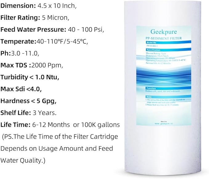 Geekpure 10 Inch Whole House Water Filters Set w/PP and Carbon Block -4.5"x 10"-5 Micron