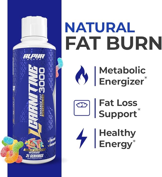 L Carnitine Liquid 3000 | Stimulant-Free L-Carnitine Supplement for Men & Women | Pre-Workout Energy Boost & Muscle Recovery | Zero Sugar, Fat, & Carbs | 31 Servings (Sour Gummy Worms)