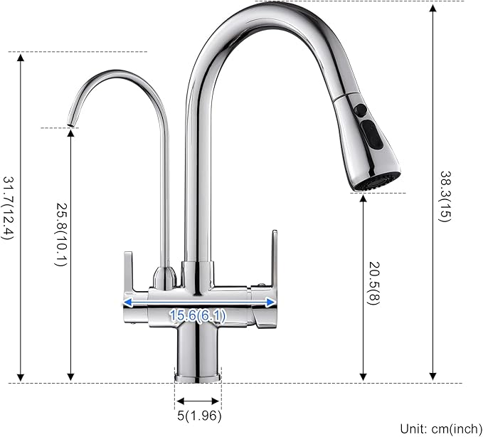 3 in 1 Kitchen Faucet with Drinking Water Faucet, 2 Handle Pull Down Kitchen Sink Faucet Water Filter Purifier Faucets (Chrome)
