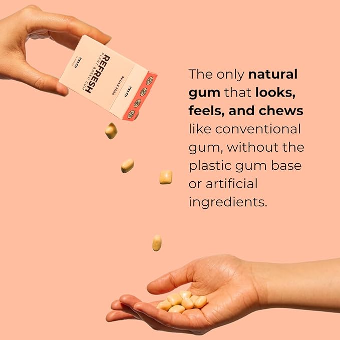 Refresh Gum, Xylitol, Natural, Sugar Free, Plastic Free, Aspartame Free, Natural Flavors & Organic Ingredients, Plant-Based, Low Calorie, Non GMO, Gluten Free, Vegan, Peach Flavor, 12 Pcs, 5 Pack