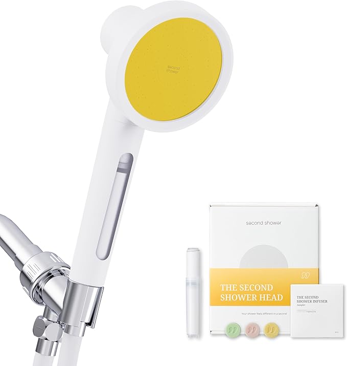 SecondShower Hand Clinically Proven Filtered Shower Head for Skin Health, High Pressure Handheld with NSF Certified Filtration for Hard Water, Natural Vitamin C Shower Filter (Citrus Yellow)