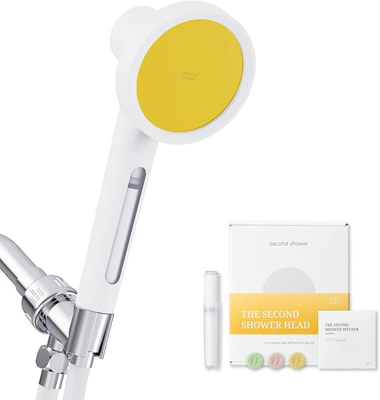 SecondShower Hand Clinically Proven Filtered Shower Head for Skin Health, High Pressure Handheld with NSF Certified Filtration for Hard Water, Natural Vitamin C Shower Filter (Citrus Yellow)