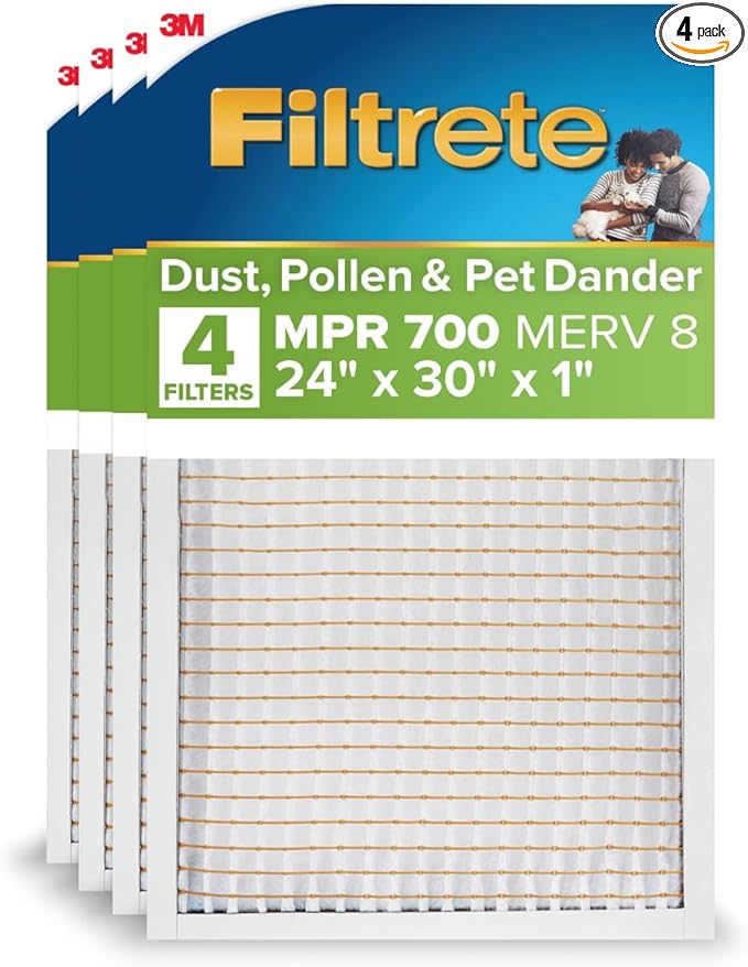 Filtrete 24x30x1 AC Furnace Air Filter, MPR 700, MERV 8, Tough on Pollen, Easy on Airflow, 3-Month Pleated 1-Inch Electrostatic Air Cleaning Filter, 4-Pack (Actual Size 23.81 x 29.81 x 0.81 in)