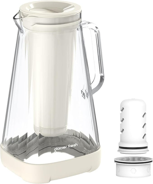 GLACIER FRESH 10 Cup Purela Glass Water Pitcher with 1.6X Flow Rate Upgraded Ultrafiltration Membrane and Activated Carbon Filter, Reduces 99% Chlorine, PFOA&PFOS, Coliforms, White