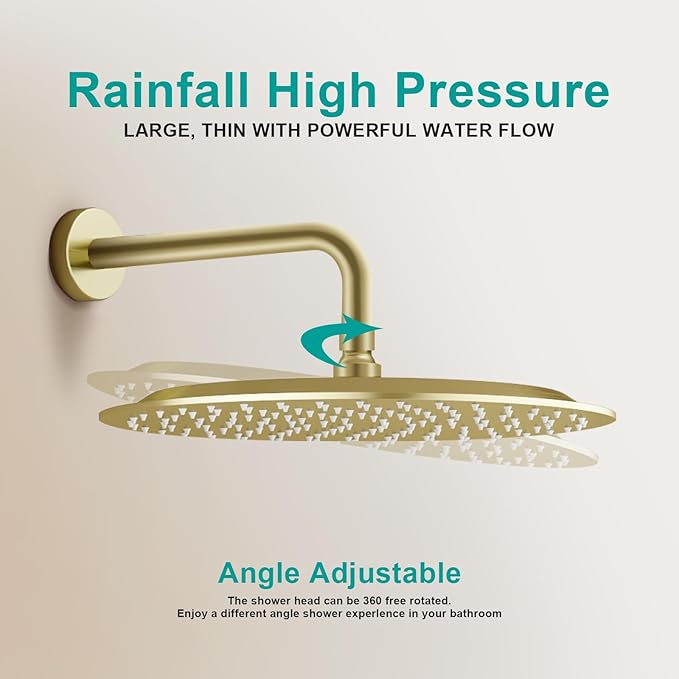 All Metal Rain Shower Head - Heavy Duty Stainless Steel, Easy Install, High Water Flow, Ultra-Thin Modern Design for Bathroom (F-Brushed Gold, 12)