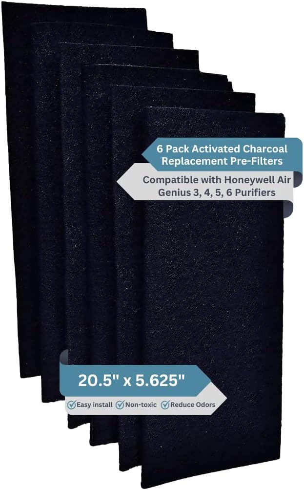 6-Pack Activated Carbon Air Filter - Premium 20.5" x 5.625" Air Purifier Pre Filter - Compatible with Honeywell Genius 3/4/5/6 Purifiers (HFD‑3X & 360 Series) - Odor & VOC Reduction