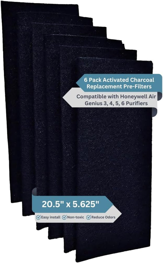 6-Pack Activated Carbon Air Filter - Premium 20.5" x 5.625" Air Purifier Pre Filter - Compatible with Honeywell Genius 3/4/5/6 Purifiers (HFD‑3X & 360 Series) - Odor & VOC Reduction