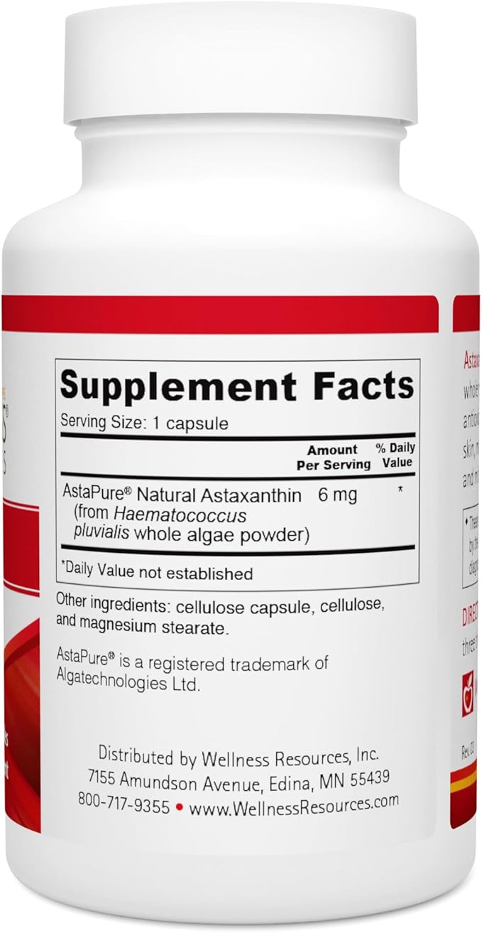 Wellness Resources Astaxanthin 6 mg | Wholefood Microalgae Haematococcus Pluvialis | High Potency Whole Algae Astapure | Astaxanthin Nutritional Supplement | 90 Capsules