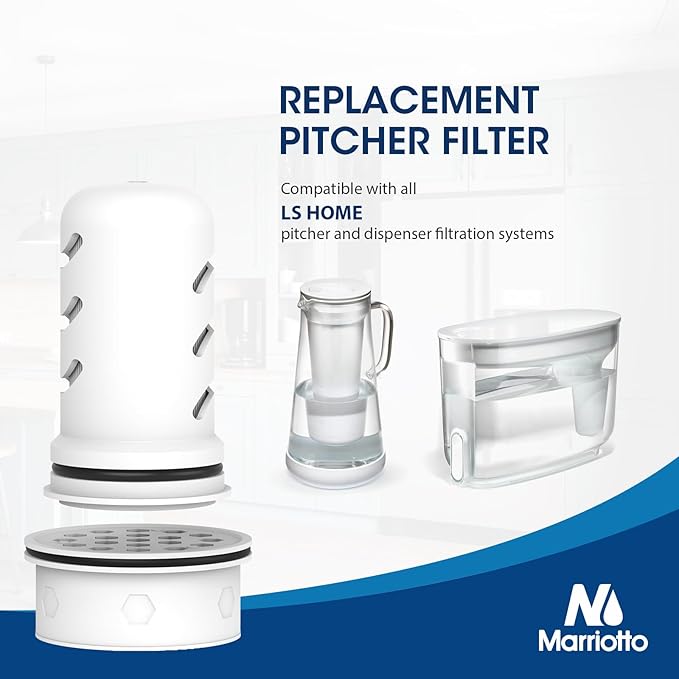 MARRIOTTO Water Filter Replacement for LS Home Dispenser - 18 Cup/Glass Pitcher, 7 Cup Plastic Pitcher, 1 Membrane Micro Filter and 2 Activated Carbon + Ion Exchange Filter