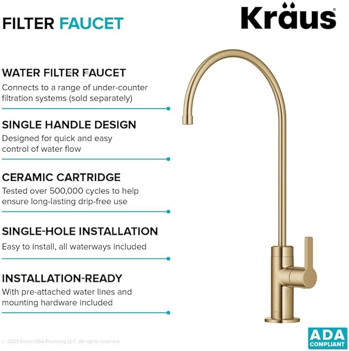 KRAUS Oletto Single Handle Drinking Water Filter Faucet for Reverse Osmosis or Water Filtration System in Brushed Brass, FF-103BB