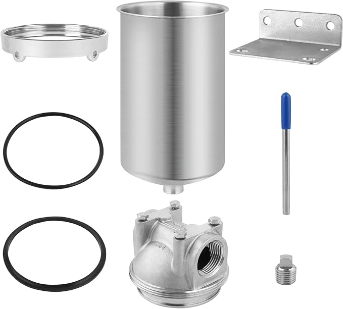Amwater NSF/ANSI 42 Stainless Steel Whole House Water Filter Housing, 5" x 2.5" Sediment Water Filter System for Heavy Duty, Well & City Water, 3/4" NPT Port, Drain Valve Style C