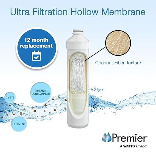 Watts Premier Pure UF-3 Membrane Filter for RO Pure Reverse Osmosis System, 0.2-Micron Water Filter Replacement, Push Button Assembly, Reduces Sediments and Particles