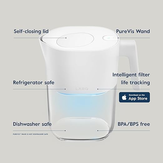 LARQ Pitcher PureVis 1.9L/ 8-Cup | Self-Cleaning UV Water Filter Pitcher for Tap and Drinking Water | Removes Chlorine, PFAS, PFOS, and More | Plant-Based Carbon Filter, 1-Year Warranty