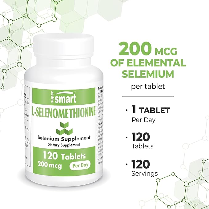 SuperSmart - L-Selenomethionine 200mcg per Day (Selenium Supplement) - High Absorption - Essential Trace Mineral | Non-GMO & Gluten Free - 120 Tablets