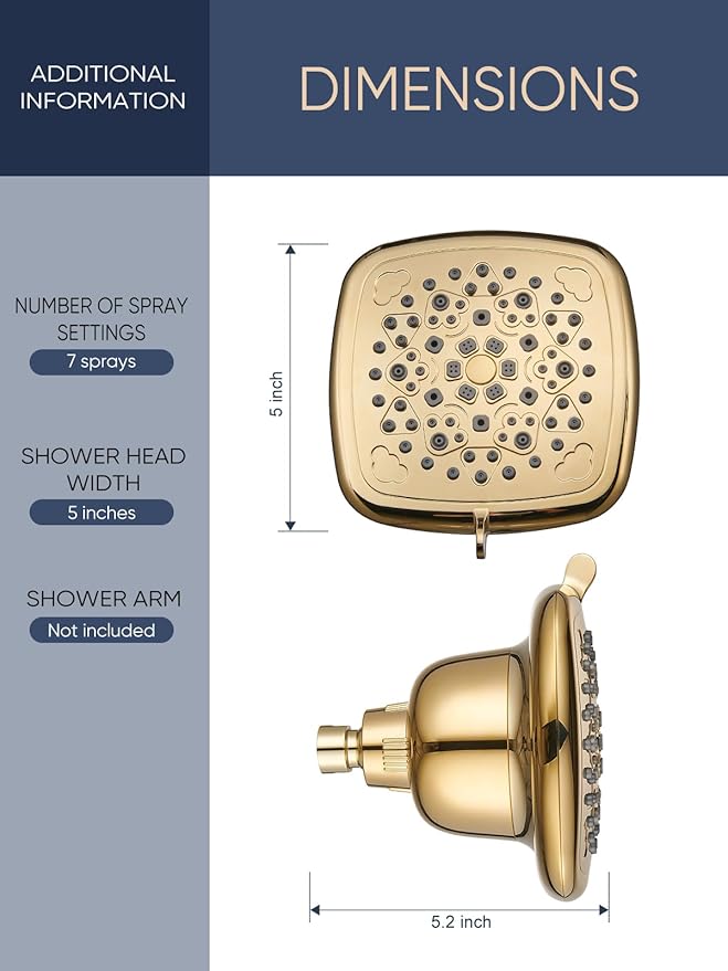 Cobbe Filtered Shower Head, 7 Modes High Pressure Shower Heads - 16 Stage Shower Head Filter for Hard Water for Remove Chlorine and Harmful Substances (Egyptian Gold, 6 Inch Square)