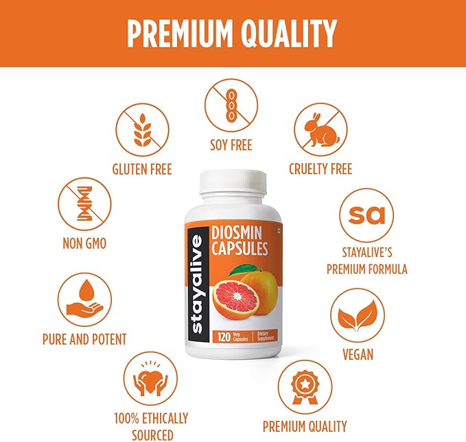 STAY ALIVE Pure Diosmin Complex 1000mg Formula, 120 Capsules, Citrus Bioflavonoids Rich Fruit Extract, 2 Month Supply, 100% Vegetarian, Non-GMO & Gluten Free Diosmin Supplement