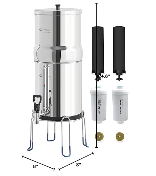 Gravity-Fed Water Filter System, NSF/ANSI 42&372 Standard, 2.25G Stainless-Steel Countertop System with 2 Black Elements, 2 Fluoride, Metal Water Level Spigot, Reduces Fluoride and Chlorine