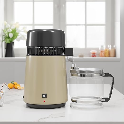 GarveeHome Water Distillers for Home Countertop, 1Gal/4L Stainless Steel Distilled Water Machine with Glass Container, 750W Desktop Drinking Purifier Filter Distilling Kit, Gold