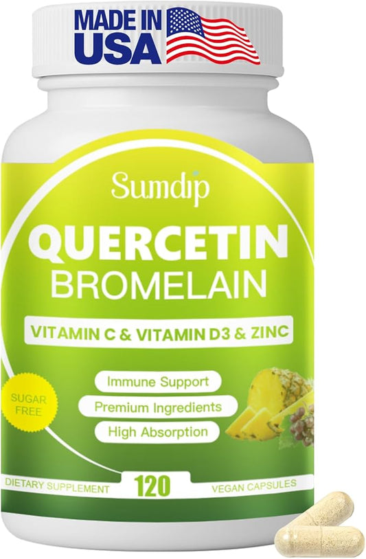 Quercetin with Bromelain Supplement for Men & Women - 120 Capsules for Immune Support Supplement, Blend with Vitamin C & Vitamin D3 & Zinc, Quercetin 500mg Capsules - Gluten Free, Vegan & Non-GMO