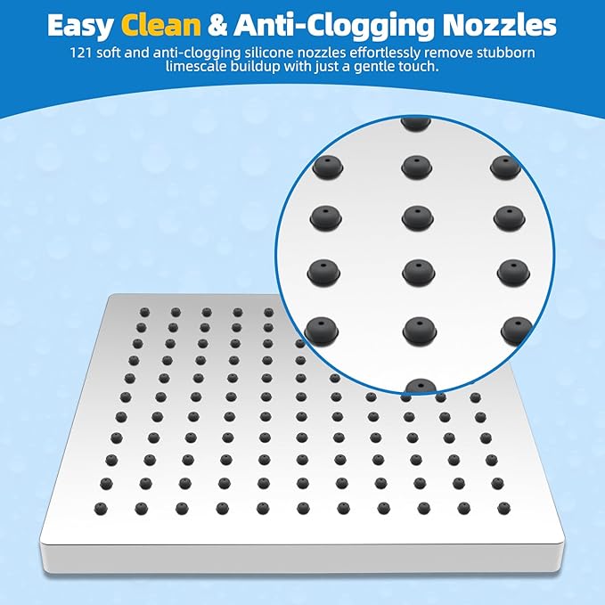 Hibbent Thickness Metal Rain Shower Head, 8 Inch High Pressure Rainfall Shower Head, Square Bathroom Waterfall Shower Heads, High Flow Fixed Showerheads with Adjustable Brass Ball Joint, Chrome