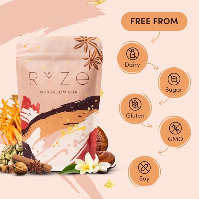RYZE SUPERFOODS Mushroom Chai with 6 Organic Adaptogenic Mushrooms for Better Energy, Focus, Digestion, Immunity with USA Grown Lion's Mane, Turkey Tail, Shiitake, Reishi - Gluten Free, 20 Servings