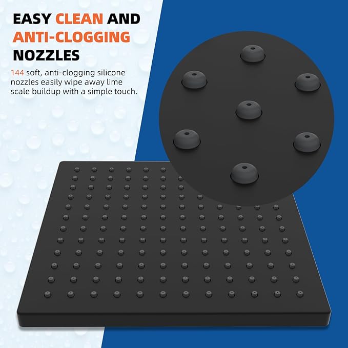 Hibbent Thickness Metal Rain Shower Head, 10 Inch High Pressure Rainfall Shower Head, Square Bathroom Waterfall Shower Heads, High Flow Fixed Showerheads with Adjustable Brass Ball Joint, Matte Black