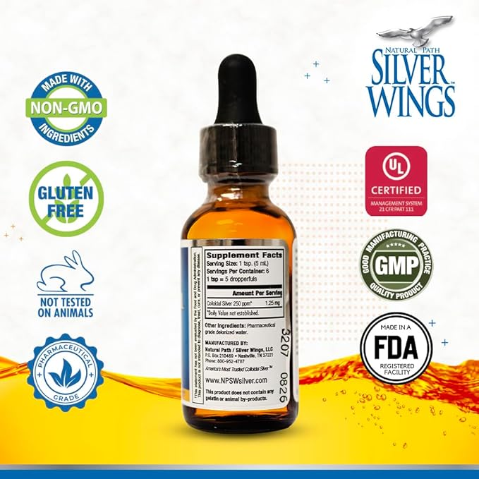 Natural Path Silver Wings Colloidal Silver Liquid - Enhanced Immune Support Supplement - 250ppm (1250mcg) - 1oz Dropper