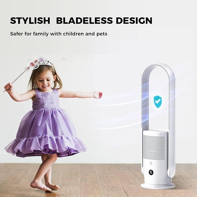 U ULTTY Bladeless Tower Fan and Air Purifier in one, True HEPA Filter 99.97% Smoke Dust Pollen Dander, Oscillating Tower Fan with Remote Control CR022D, White
